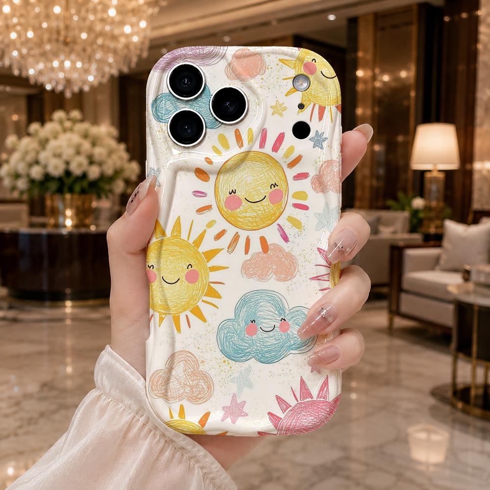 Hand-drawn Smiley Sun Cloud Frame Wavy Edge Phone Case For iPhone 16 15 14 Pro Max 13 12 11 Mini XR XS SE 2020 17 Air Cover Soft TPU