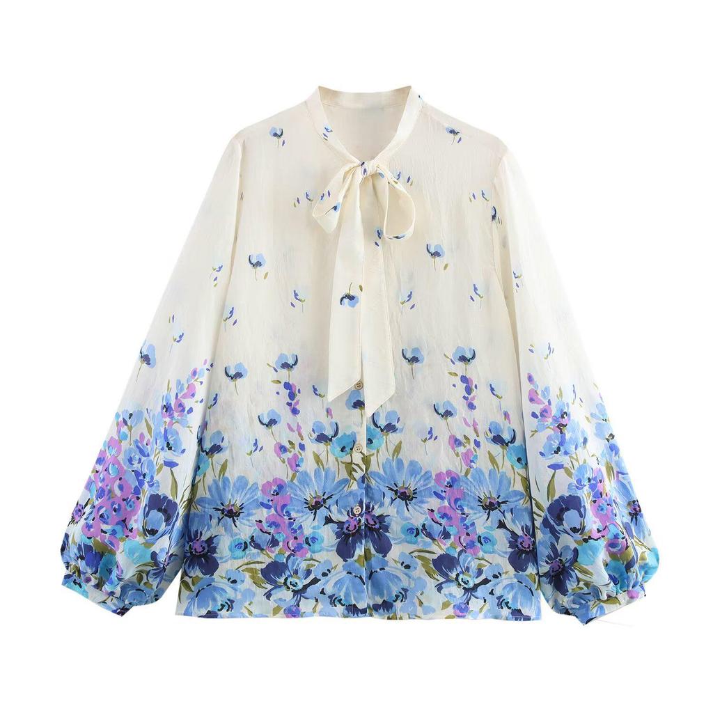 Women's Elegant Bow Print Long Sleeve Shirt - Spring 2025 Fashion