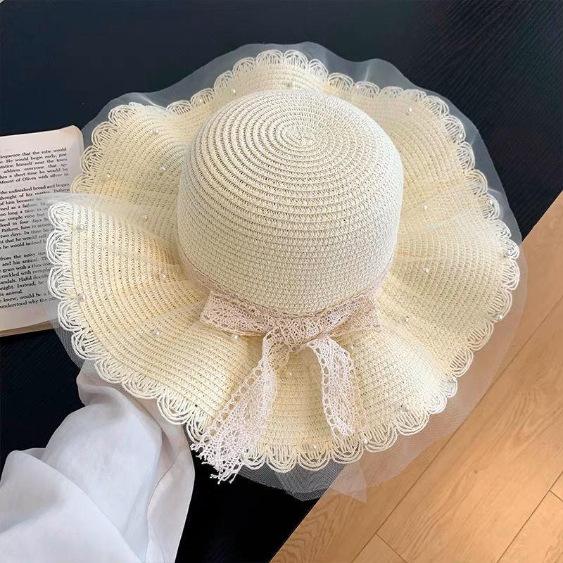 Bow Summer Lace Hat Beach Straw Hat Beach Hat Brim Sun Protection Vacation Sun Hat Sun Hat