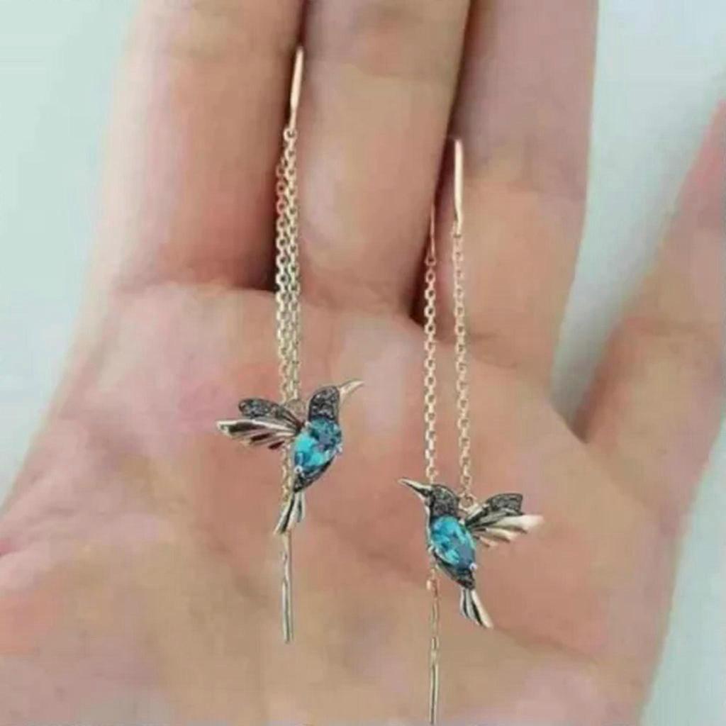 Hummingbird Earrings Stud Threader Long Drop Tassel Crystal Dangle Women Jewelry-Red+Blue