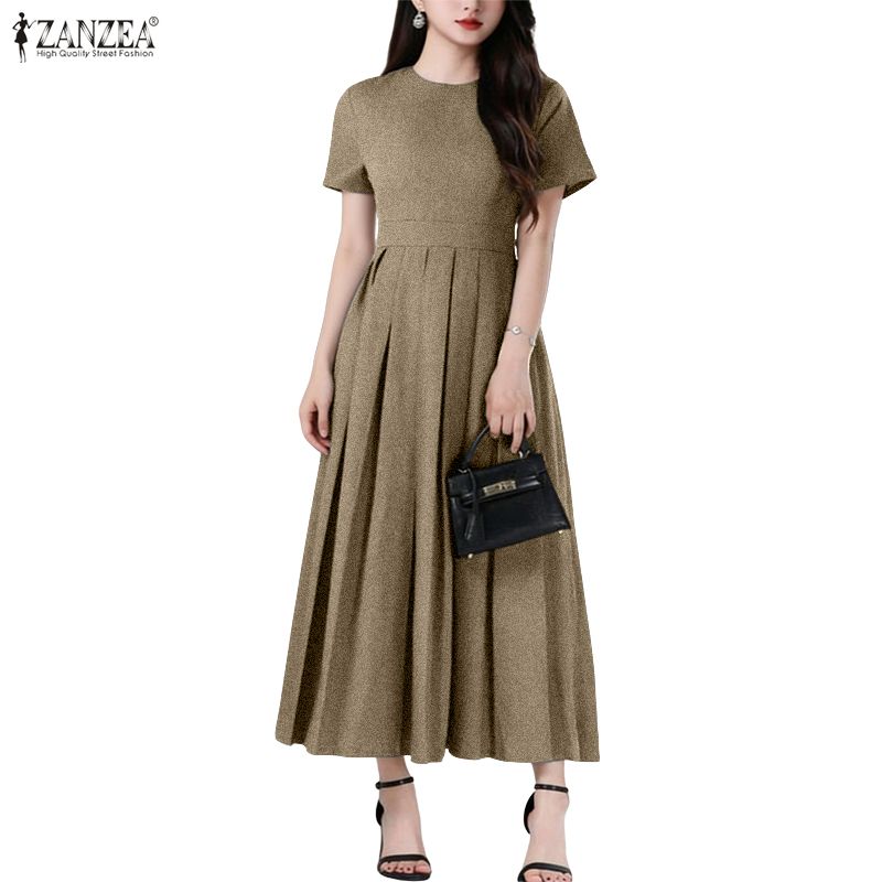 ZANZEA Damen Lässig Rundhals Sommer Kurzarm Elegantes Kleid