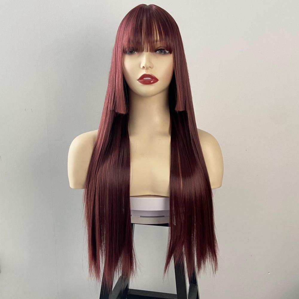 Qi Bangs Long Straight Wig Synthetic Full Head Cover Purple Hime Style Colored Hairstyle Set