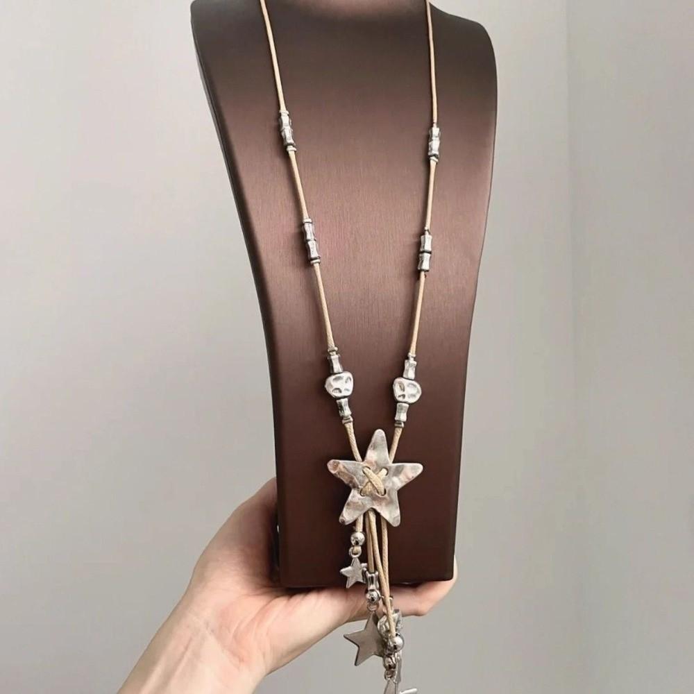 Vintage Y2k Star Tassel Necklace Long Chain Leather Rope Woven Necklace Zinc Alloy Sweet Cool Choker Jewelry Women's Jewelry
