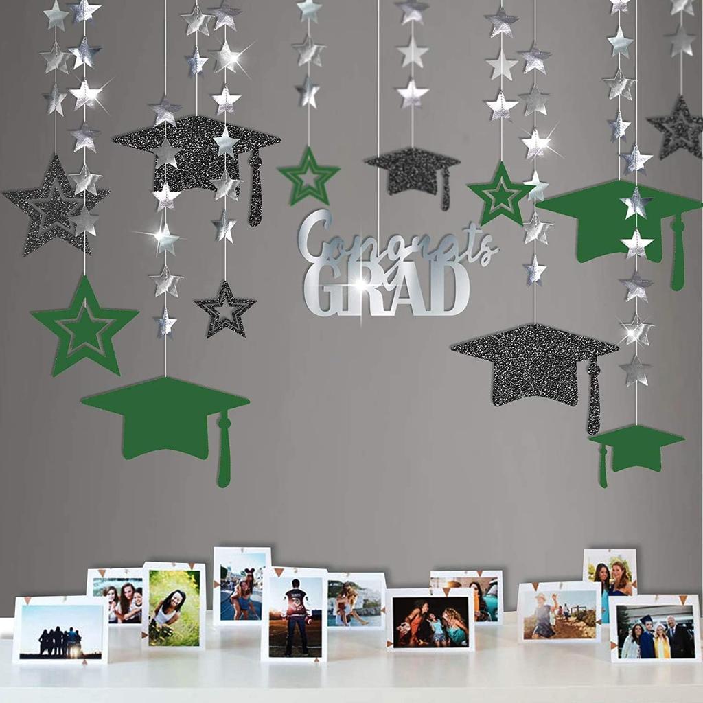 Cheerland 2025 Graduation Banner Party Decorations Green Graduation Cap Garland Kit Congrats Grad Supply for Prom Backdrop Decoration Ceiling Decor