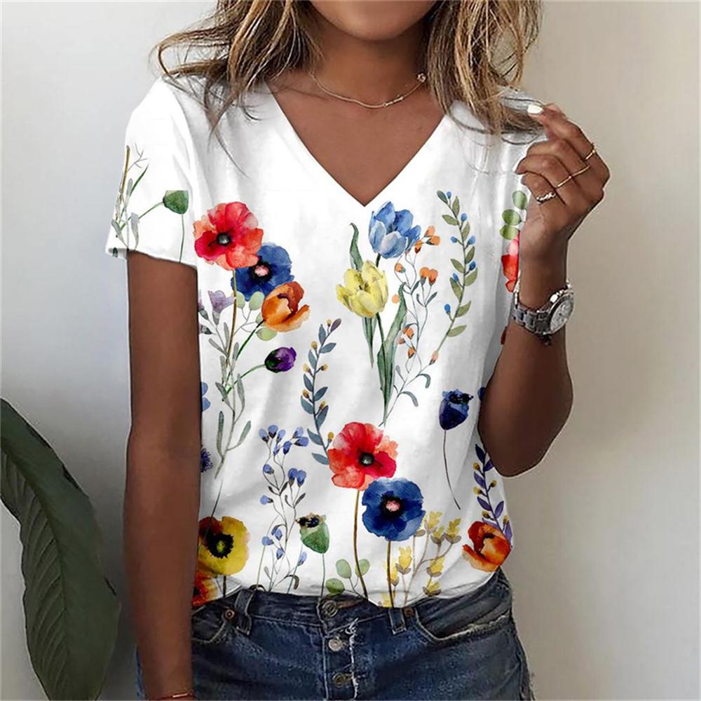 Summer V-neck 3D Floral Simple Graphic Printed Top Fashionable Casual Short Sleeved Women's T-shirts