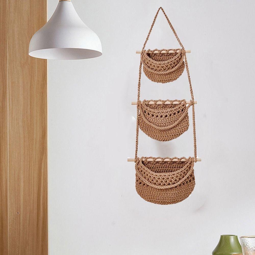 Practical Cotton Rope Hanging Fruit Baskets Handmade Simple 3 Tier Storage Bag Stylish Fruit Net Pocket for Home