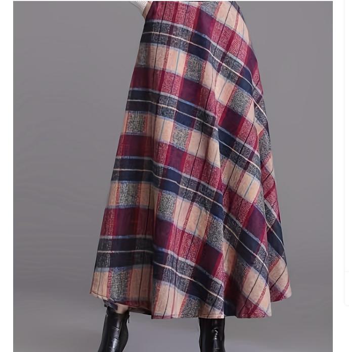 Plaid Print High Waist Skirt Casual Ruffle Hem Midi Skirt Women's Clothing