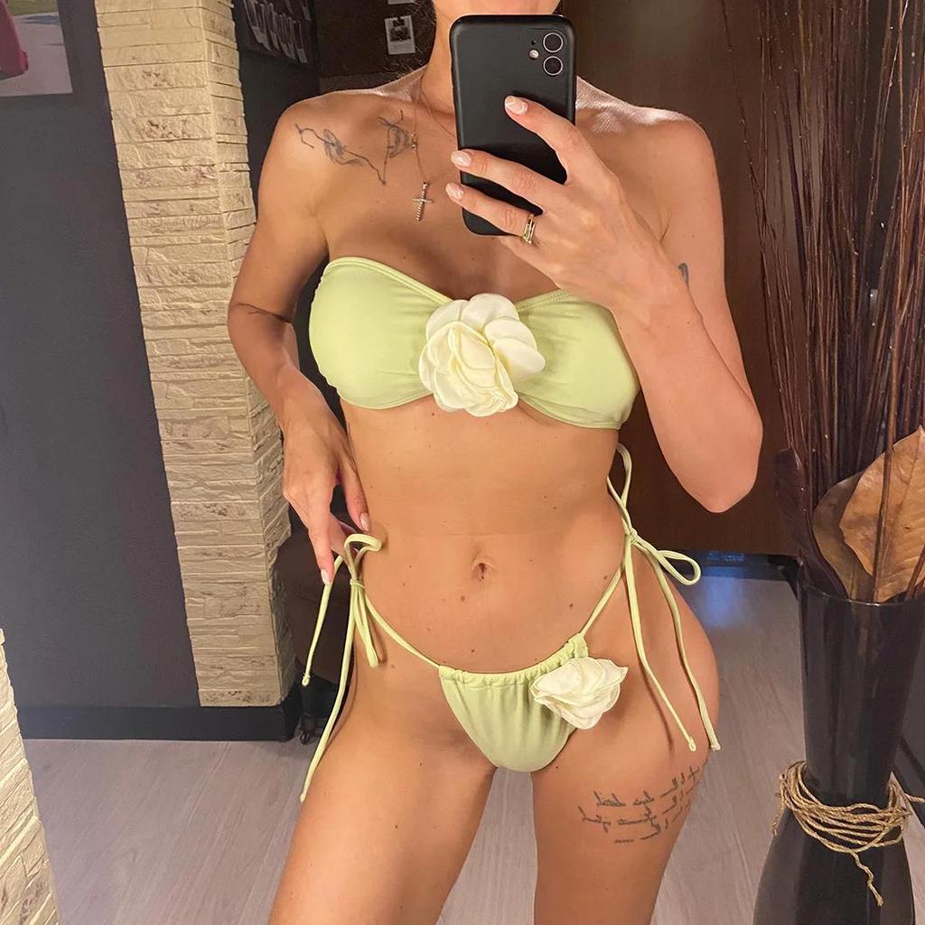 14 Colori Fiori 3D Bandeau Bikini a Taglio Alto Costume da Bagno Femminile Costume da Bagno Donna Set Bikini Due Pezzi Costumino da Bagno Swim