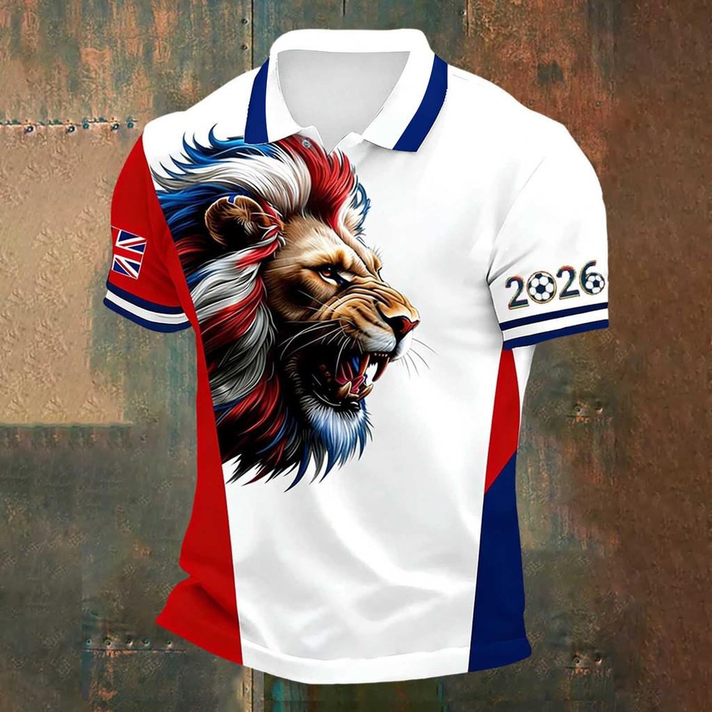 Men's Classic Polo Shirt with England Football Print Short Sleeve Button Collar Casual Fit Football Apparel for Fans