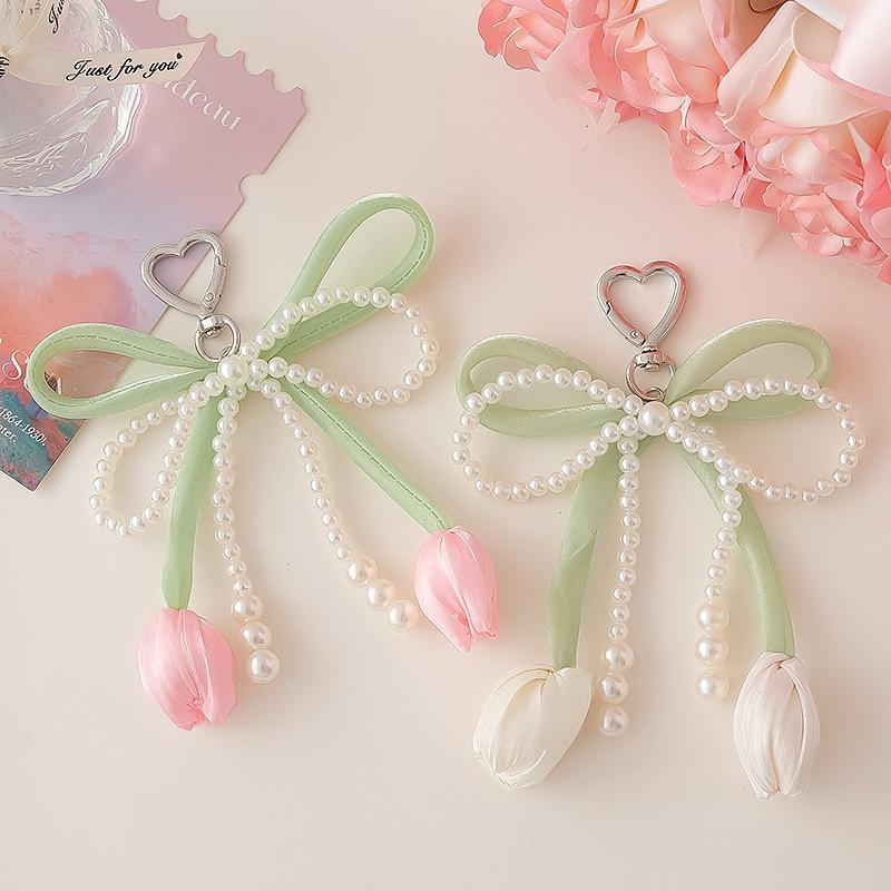 Yogodlns 1PC Elegant Exquisite Bow Pearl Simulation Tulip Fabric Bag Pendant Sweet Personalized Style Handbag Pendant