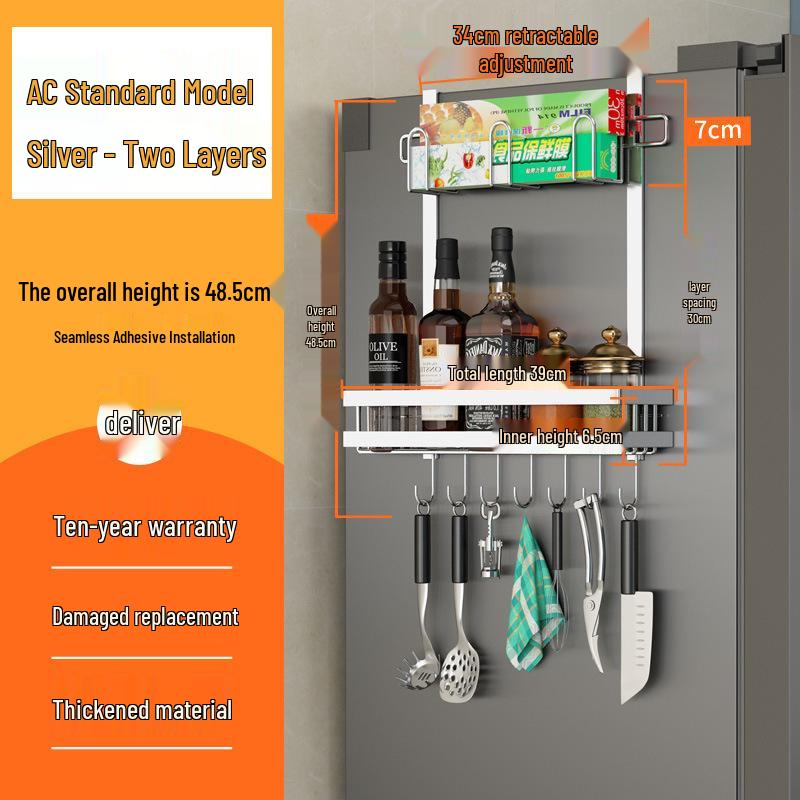 Multilayer Kitchen Refrigerator Side Hanging Rack with Storage & Seasoning Shelf