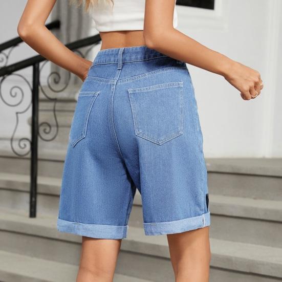 Summer Women Denim Shorts Mid Waisted Knee Length Stretchy Casual Wide Straight Leg Distressed Cuffed Jeans Short Pants with Pockets