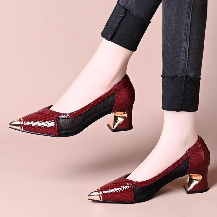2025 Spring and Summer New Shallow Single Shoes Women's Shoes One Pedal Middle Heel Horseshoe Heel (5cm) Pointed Women's Single Shoes