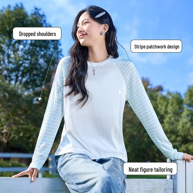 MINISO Women's Snowflake Cotton Stripe Long Sleeve T-Shirt