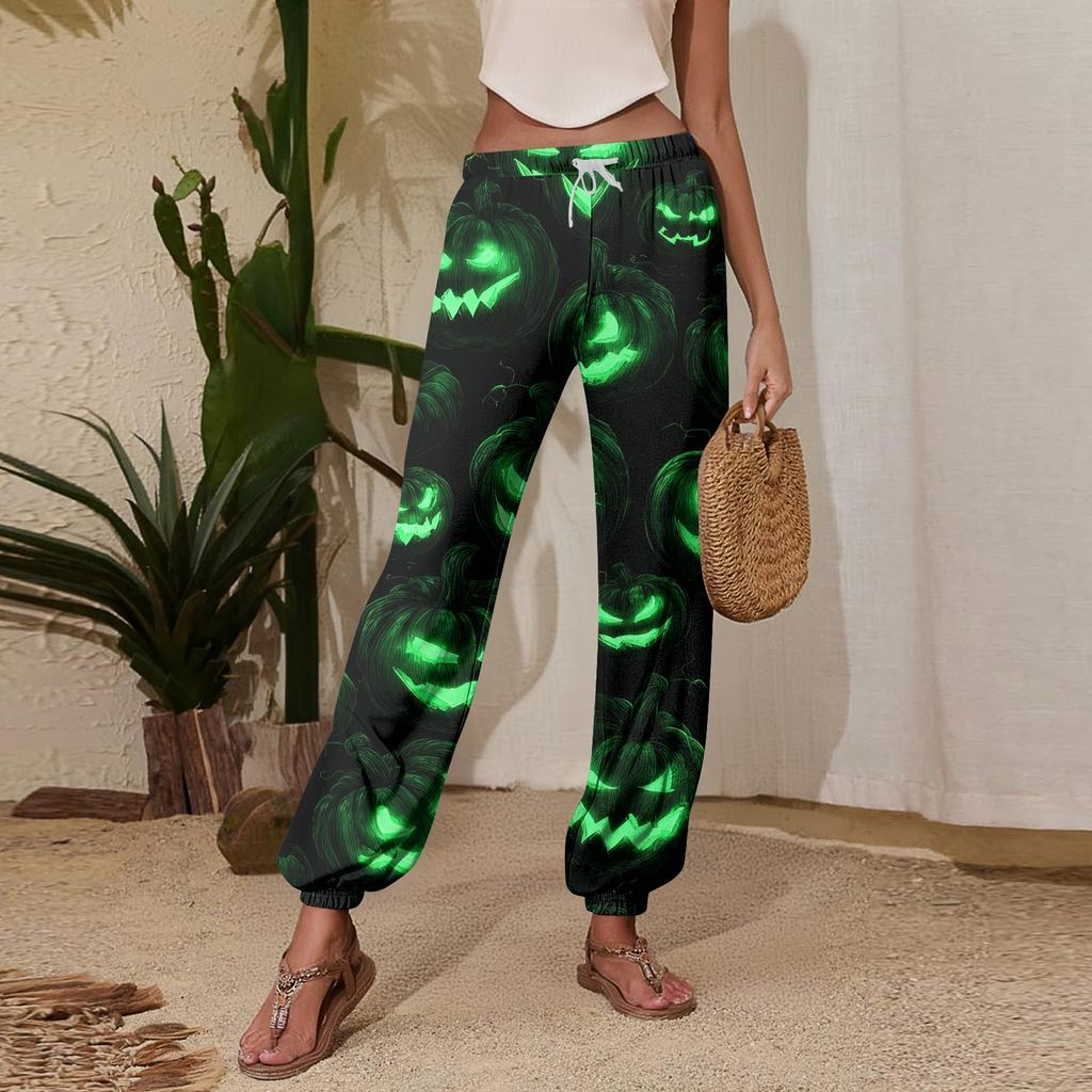 Women's Halloween Print Joggers Sweatpants - Drawstring Elastic Waist Cuffed Casual Pants for Fall Holiday Party