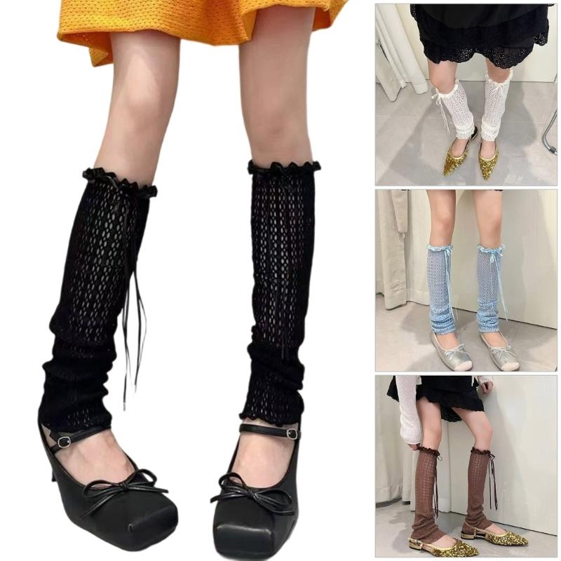 Hollowout Fishnet Lace Leg Warmers Arm Sleeves for Women Aesthetic Sheer Mesh Leg Covers with Ruffle Trim and Bowknot