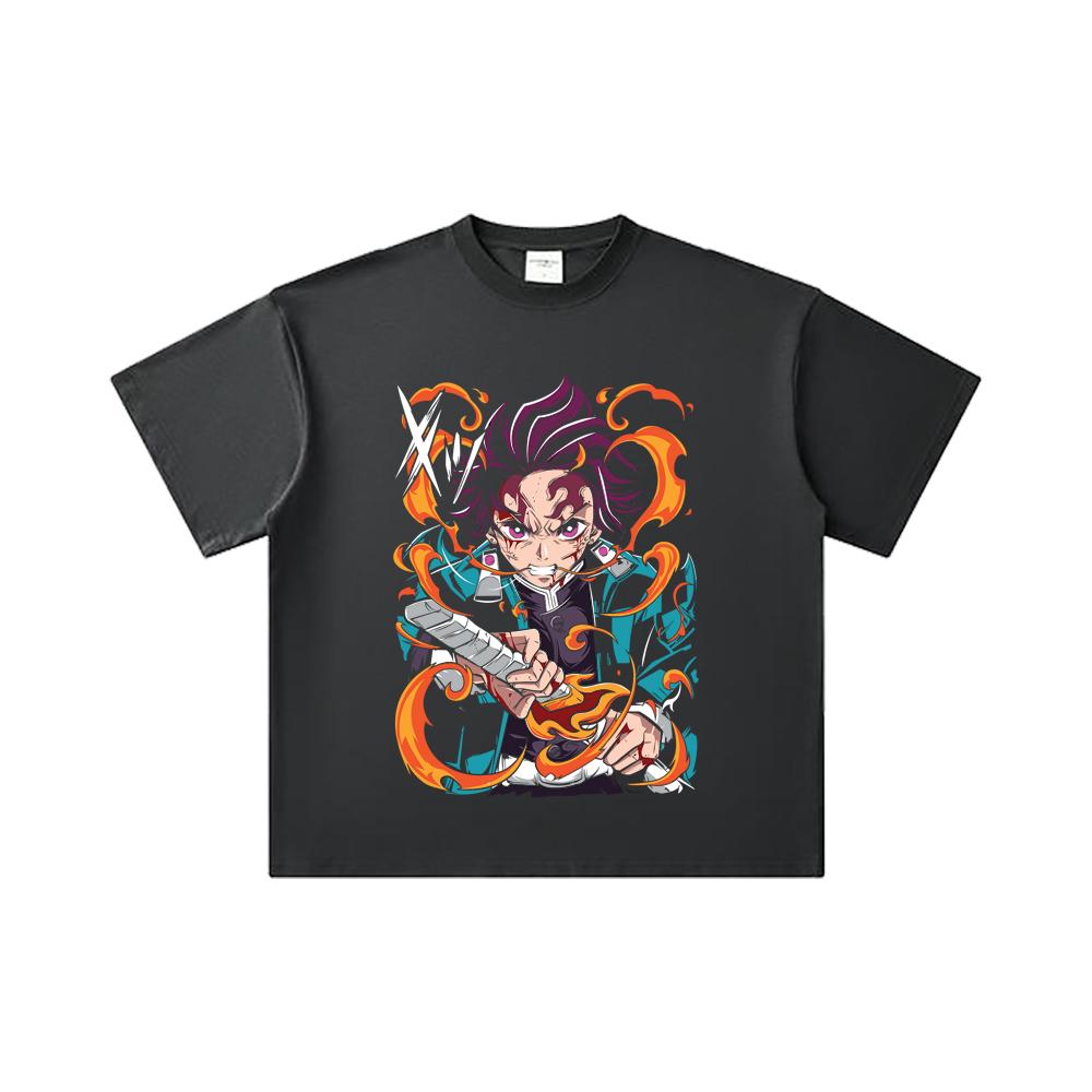 260 GSM Double Yarn 32 Count 100% Cotton Demon Slayer V64 Tanjiro Fire Breathing Print Unisex Heavy Cotton T Shirt