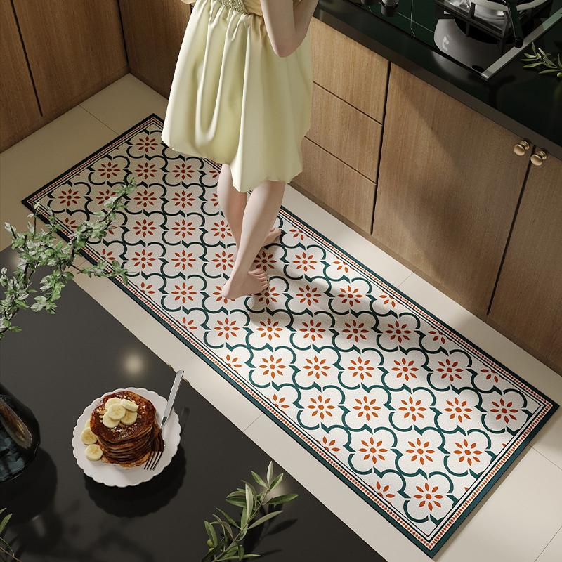 Kitchen Floor Mat Long Strip Waterproof Oil-Proof Carpet Pvc Leather Anti-Slip Foot Mats Spring Style Home Decoration Green Rug