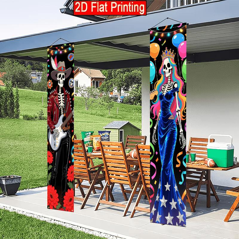 2D Flat, 2pcs 2D Flat Mexican Day of the Dead Themed Porch Banner, 30 180cm Polyester Door Couplet, Skull Wearing Red Leather Jacket and Cowboy Hat, H
