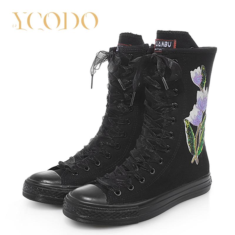 

Love Ycodo 2023, парусиновые сапоги для девочек-студентов, повседневные парусиновые сапоги с вышивкой и цветами на внутренней молнии 34 чёрный