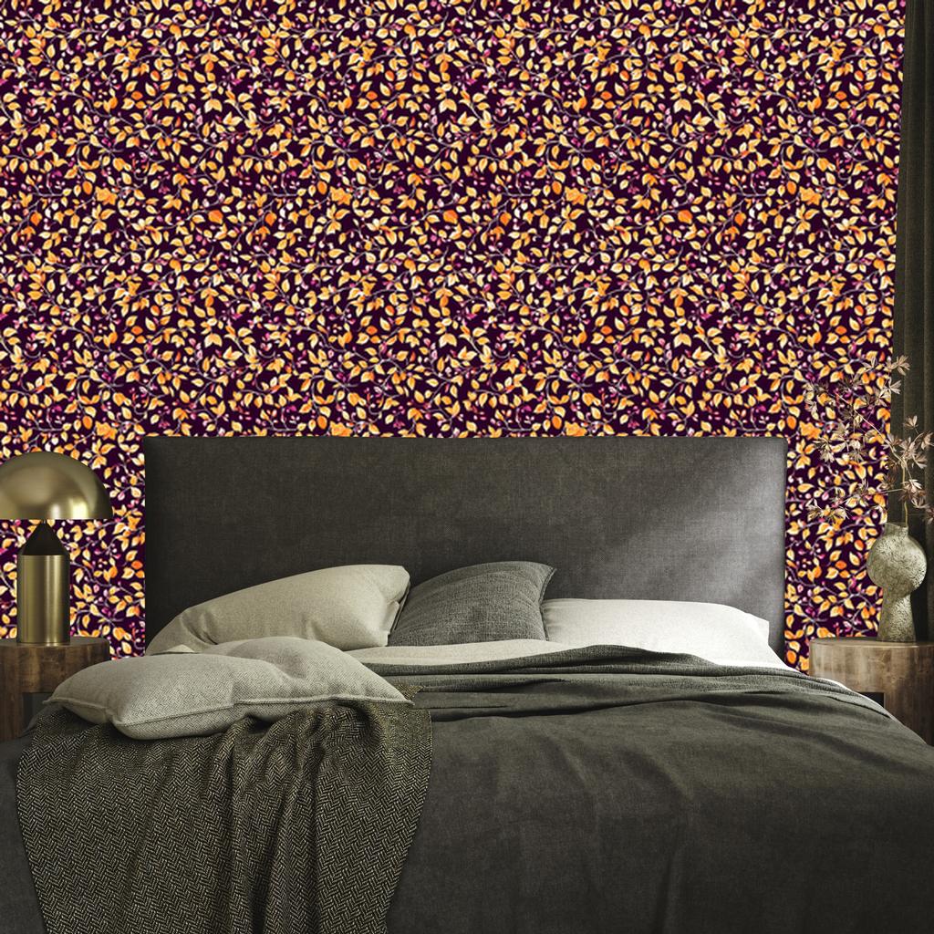 Intricate floral pattern wallpaper, burgundy and orange, 50x1000