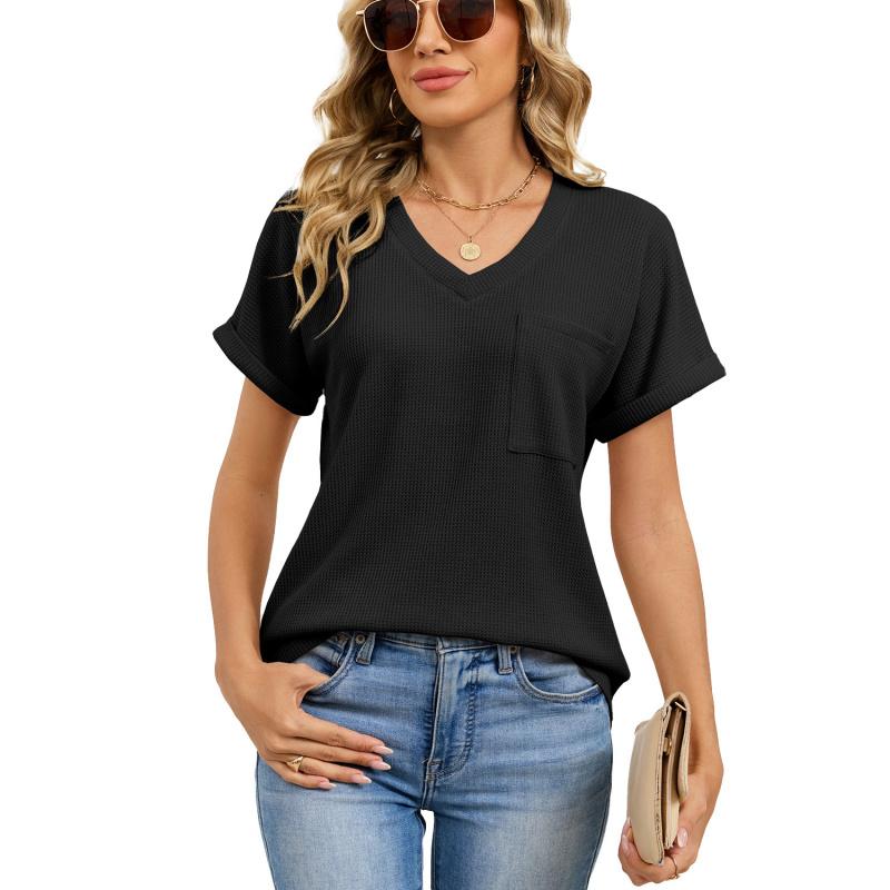 2026 Summer New Loose Women's V-Neck Waffle Pocket Short Sleeve Casual T-Shirt