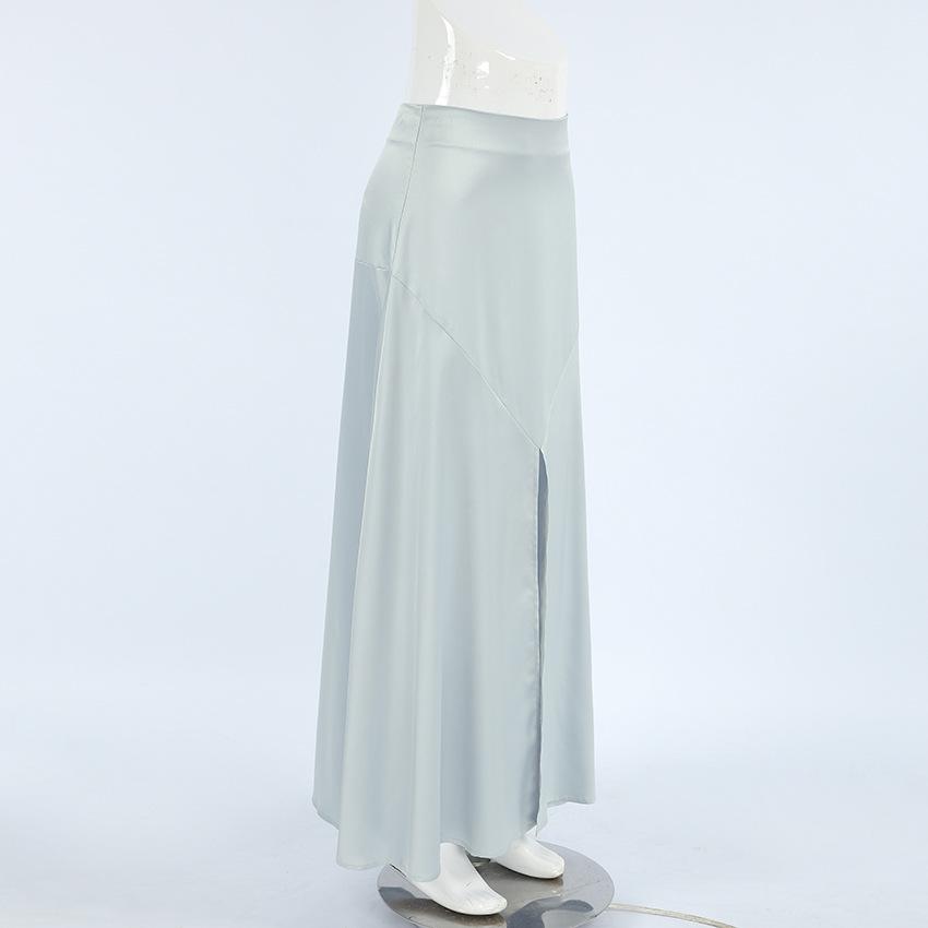 Elegant Grey Satin Skirts For Women Fashion Mid Waisted Slit Solid Skirts Casual New Loose Ankle-Length Skirt Streetwear