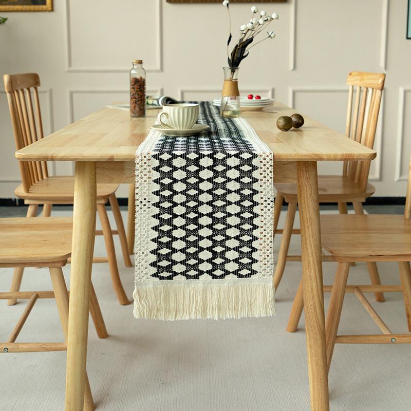 Bohemian Table Runner,Rustic Linen, Boho Table Runners,Braided Striped, Handmade Table Runners with Tassel for Wedding, Dinning