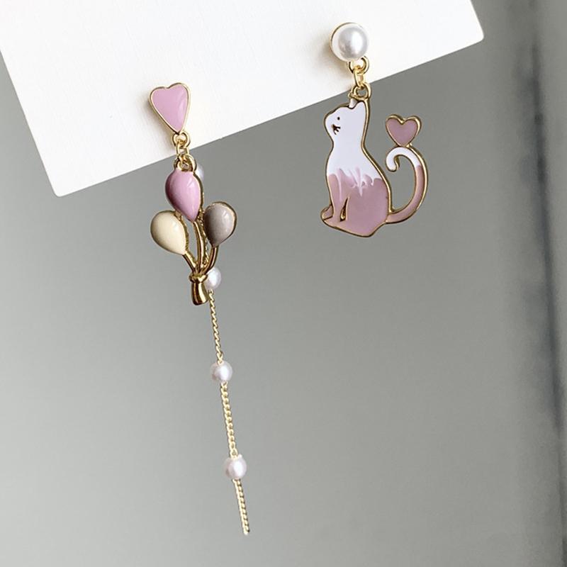 New Lovely Chinese Style Small Cat Folding Fan Flower Pear Pendant Asymmetry Earrings For Women Girls Charm Earring Jewelry Gift