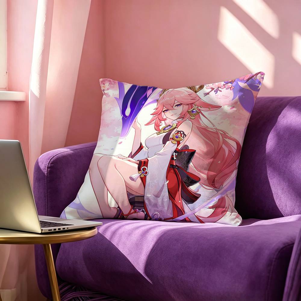 Yae Miko Cute Genshin Impact Pillow Case Square DoubleSided Sofa Cushion Cover Bedroom Bedside Pillow