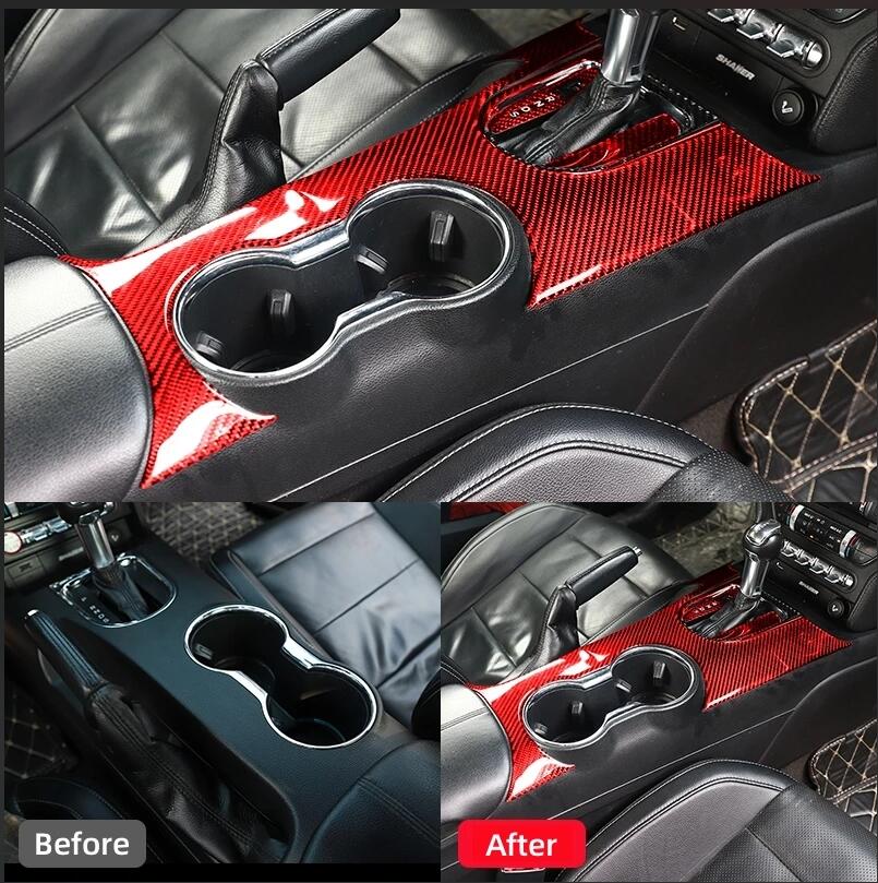 For Ford Mustang 2015-2019 Car Carbon Fiber Gear Shift Panel Cover Cup Holder Trim Decal Set  Interior Upgrade Accessories