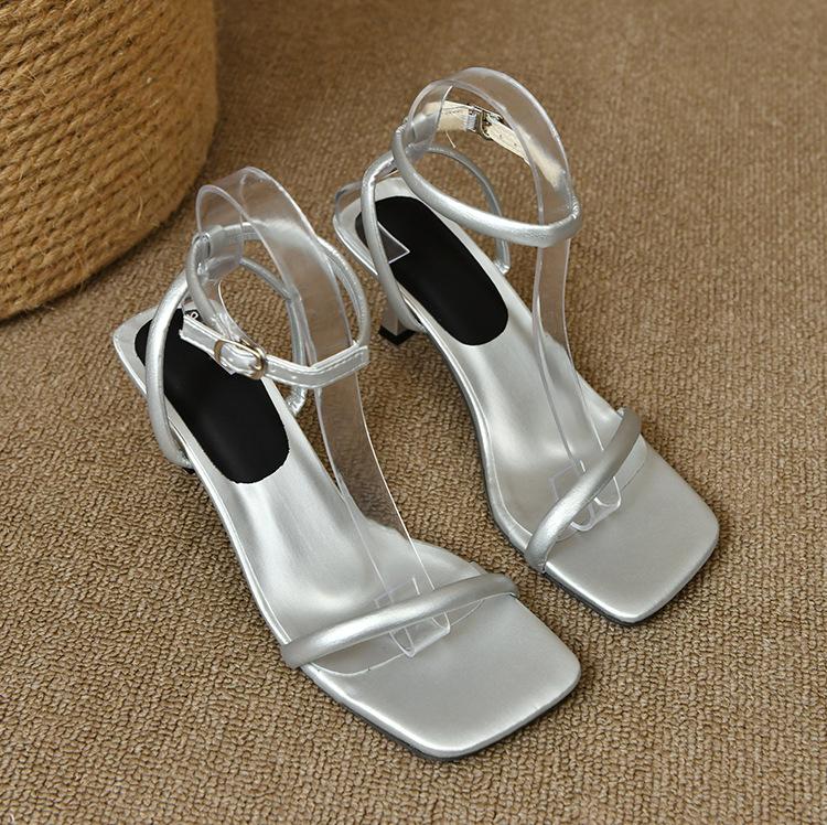 Sandals women's summer square head one-word strap stiletto high heels