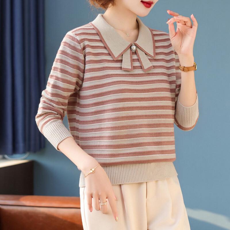 Baolianduo Women's Long-Sleeve Striped Knit Polo