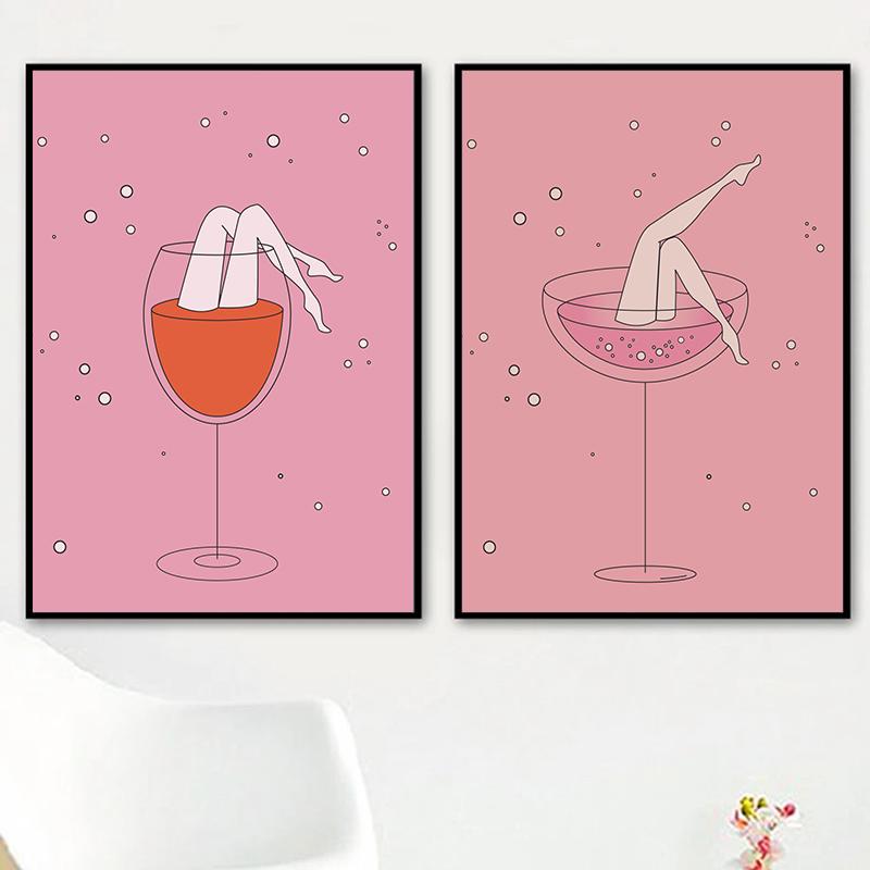 Funny Leg Lets Drink Pink Wine Cocktail Martini Posters Canvas Paintiing Nordic Wall Art Picture For Living Room Home Decor