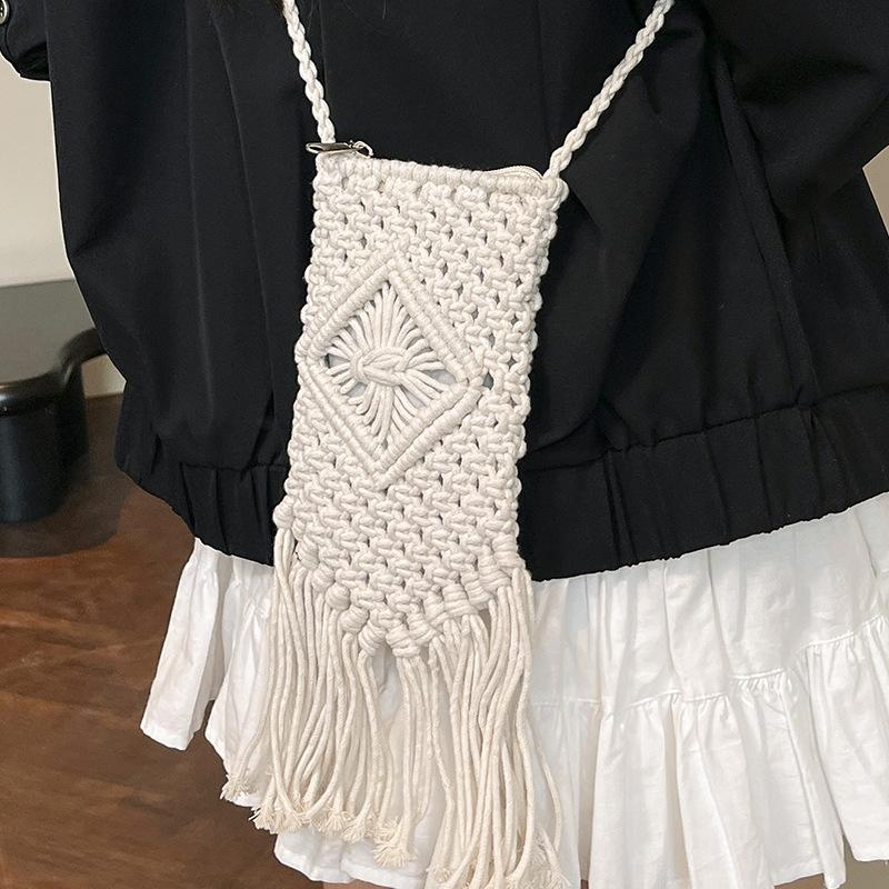 2025 Summer New High-value Handmade Cotton Thread Woven Bag Shoulder Underarm Bag Straw Woven Bag Hollow Beach Bag