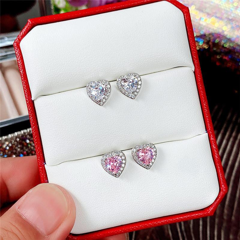 Pink Crystal CZ Heart Stud Earrings for Women Romantic Ear Accessories Love Earrings Dainty Birthday Gift Fashion Jewelry