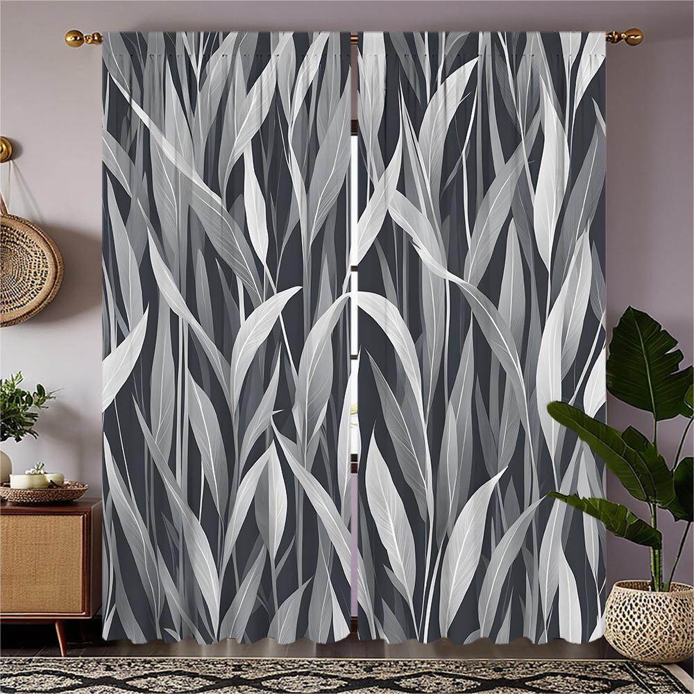 

Piece Set High Definition Digital Printed Curtaingreywhiteleafpatternedcurtainfabrichome Decoration Style Curtains Made Of Polyester W100*H70(CM)-Grommet top&2PCS