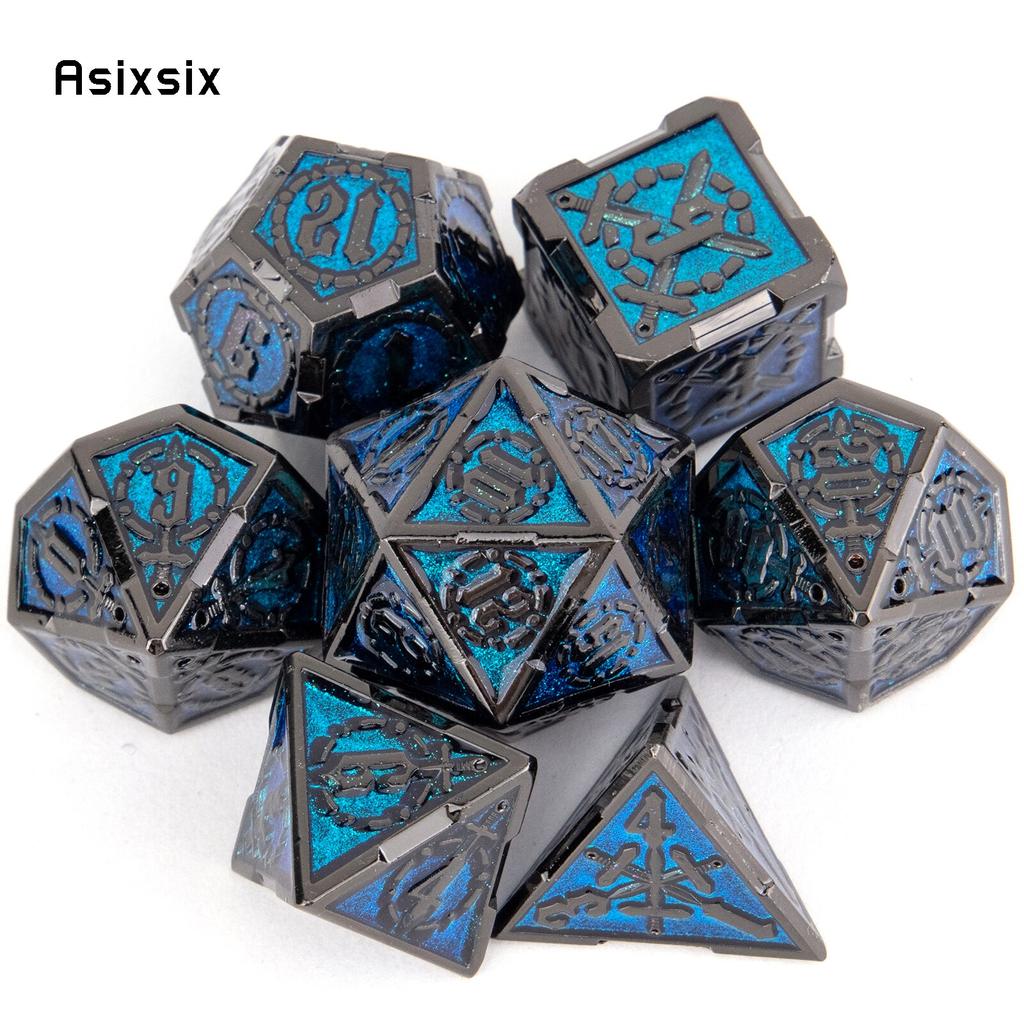 7 Pcs Blue Silver Double Swords Metal Dice Solid Polyhedral Dice Set Suitable for Role-Playing RPG   Pathfinder Board Game