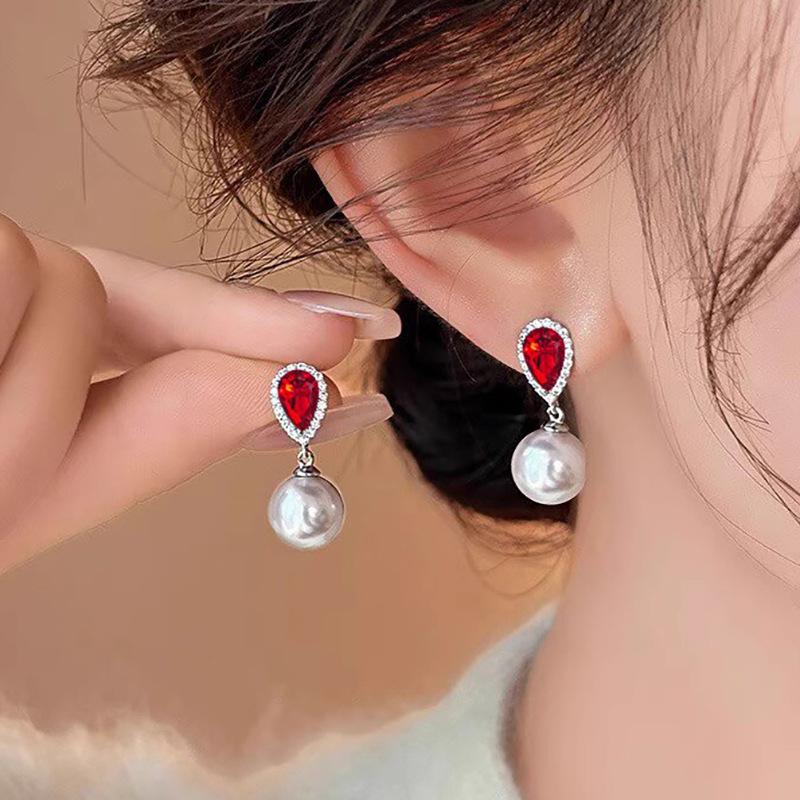 Red Water Droplet Zircon Pearl High End New Earrings Attend Banquet Elegant Trend Exquisite Fashion Luxury Accessories