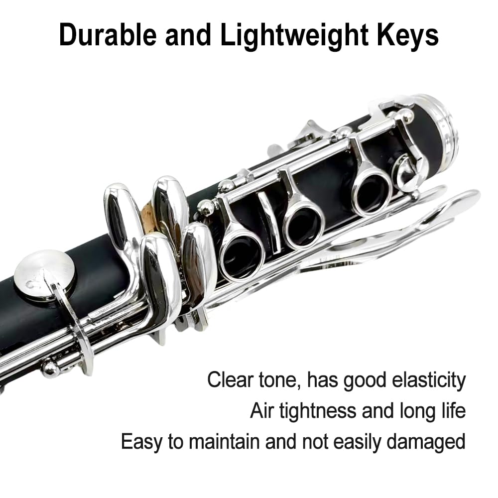 WUQIMUSC Beginner Clarinet, Bb Key, for Students and Adults, Ebonite Wood, Nickel Plated Keys, 2 Barrels, Reed, Accessories (Bb Key Clarinet)
