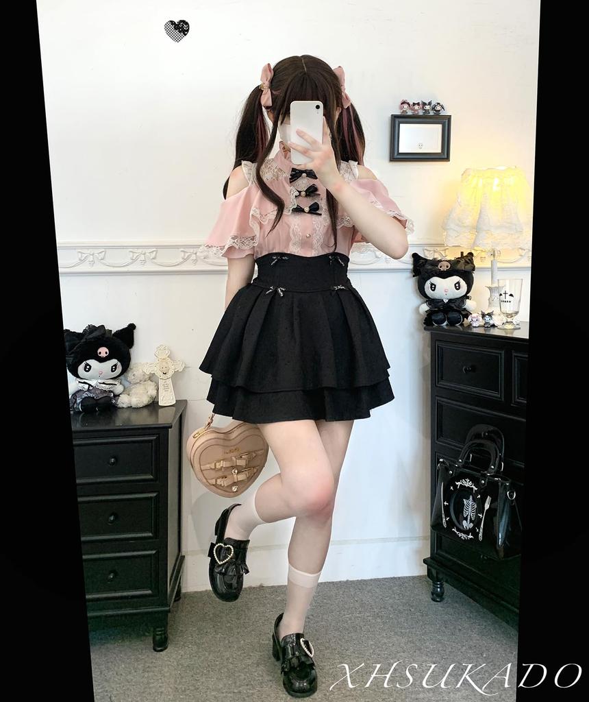 Short Detachable and Lolita Neat and Girly [XHSUKADO] Women's Open-Shoulder Blouse, Cute, Stand-Up Collar, Sleeves, Ribbon, Ruffles, Lace.