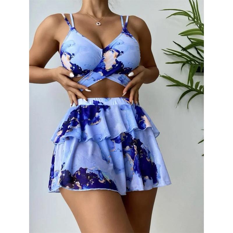 Sexy Bikini 2025 Mujer Skirt Swimsuit Women Blue Marple Print Cover Up 3 Piece Swimwear Beach Bathing Suit Swimming Suit Biquini