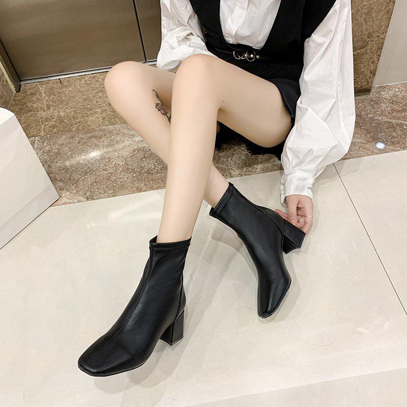 Dames Ensfarget Mote Høye Hæler med Glidelås bak Mote Støvletter Høye Støvletter Lærsko Midhøye Støvletter Damesko