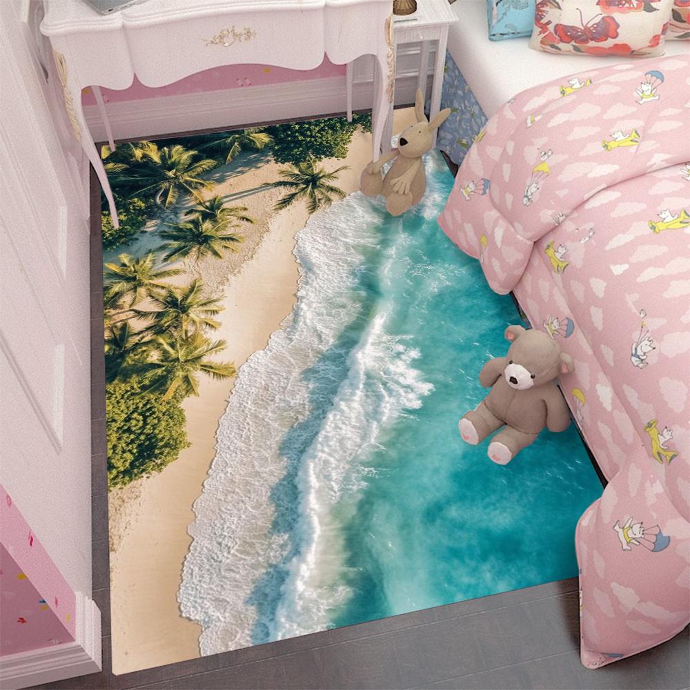 Large Vibrant Seaside 3D Area Rug with Waves and Sandy Beach Living Room Bedroom Non-slip Floor Carpet Home Decor