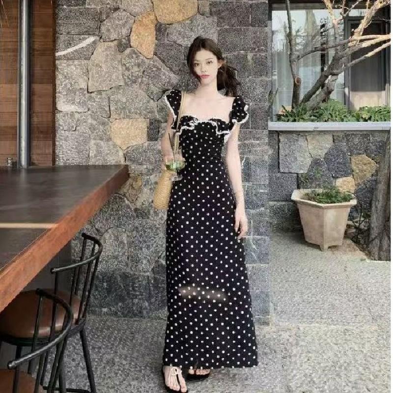 Lace Square Neck Polka Dot A-Line Midi Dress With Ruffle Trim Backless High Waist Women 2025 Small