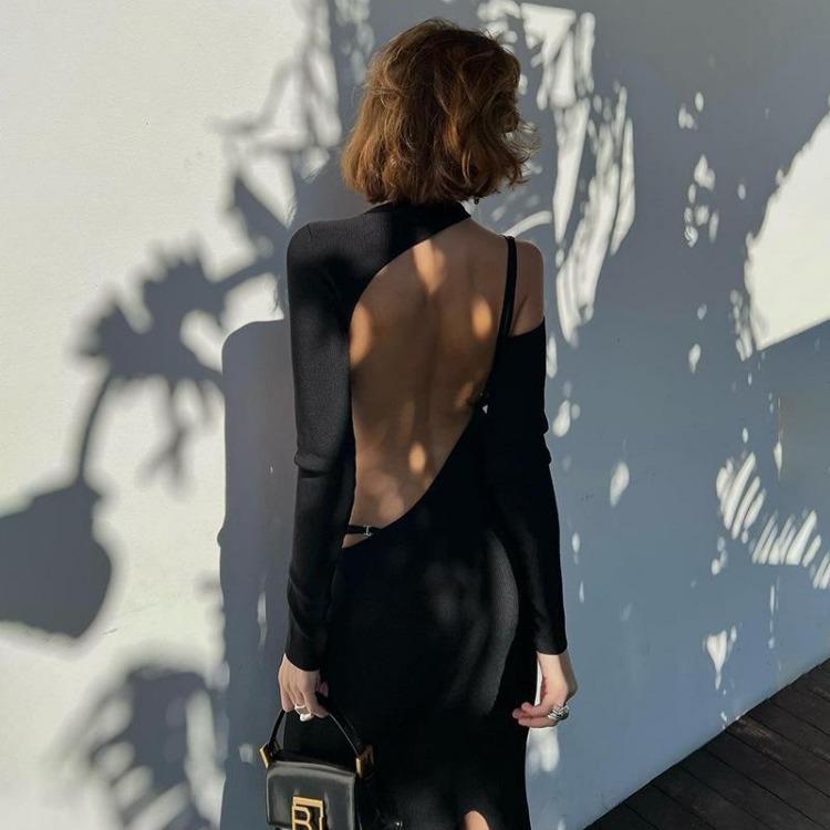 Women Elegant Sexy Backless Long Sleeve Midi Dress Hollow Out Gown for Spring Summer Party Club Hot S