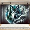 2D Blue Eyed Wolf Tapestry, Moonlit Forest Mountain Wall Hanging, Scenic Wildlife Decor