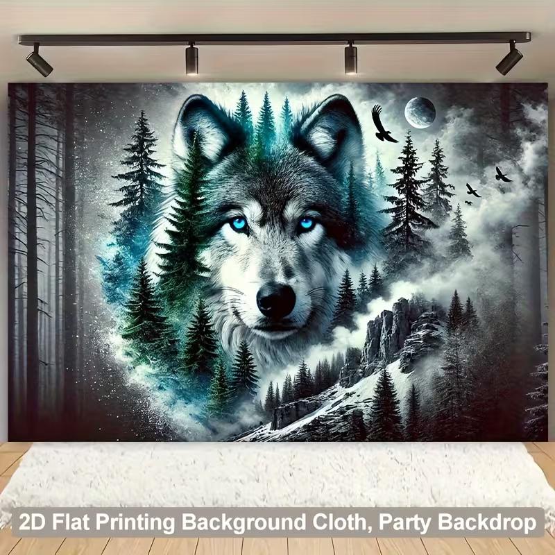2D Blue Eyed Wolf Tapestry, Moonlit Forest Mountain Wall Hanging, Scenic Wildlife Decor