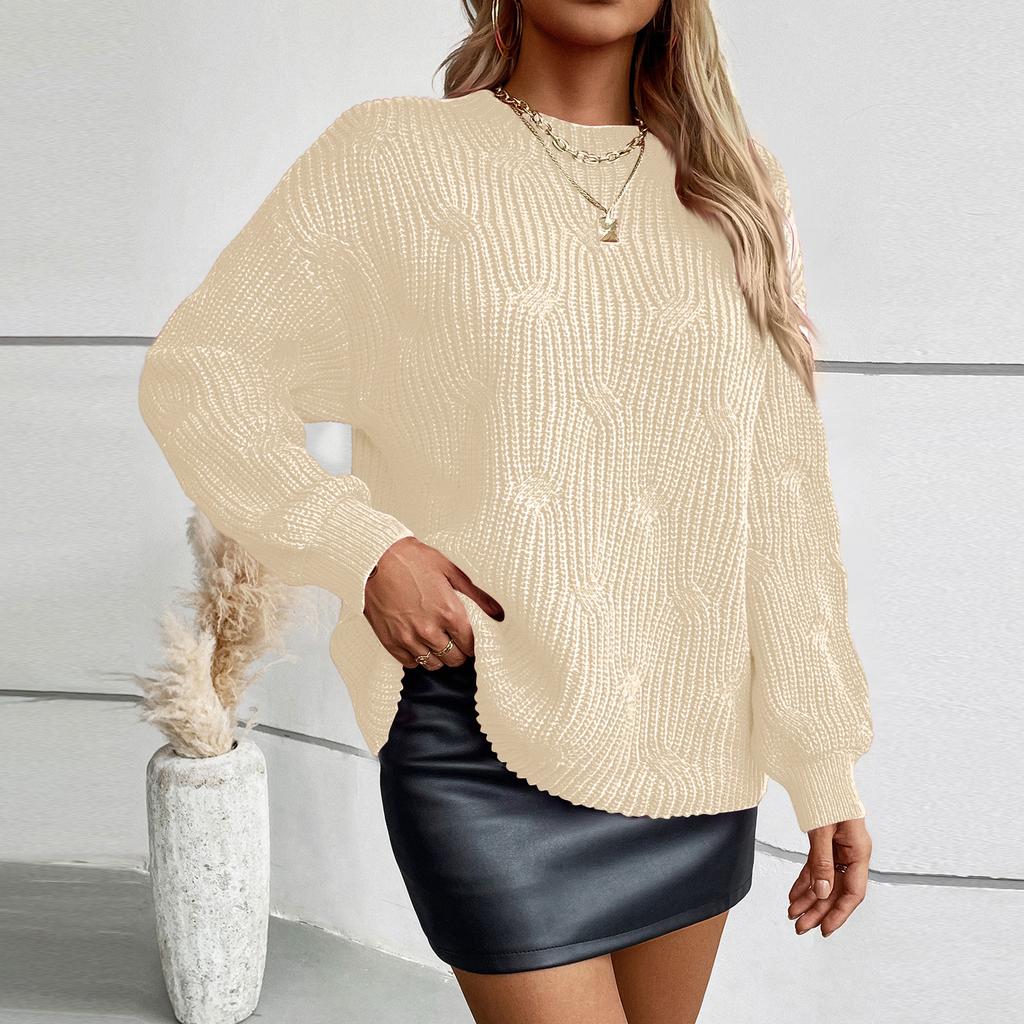 Damenmode Lässiger Rundhals Gerippter Strickpullover Einfarbig Pullover Langarm Lockerer Pullover