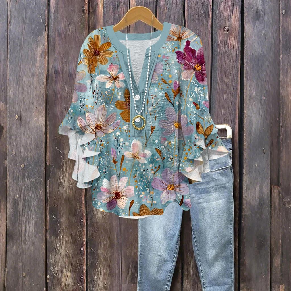 Damenmode Knopf V-Ausschnitt Rüschen Siebenärmel Bluse Geblümtes Top